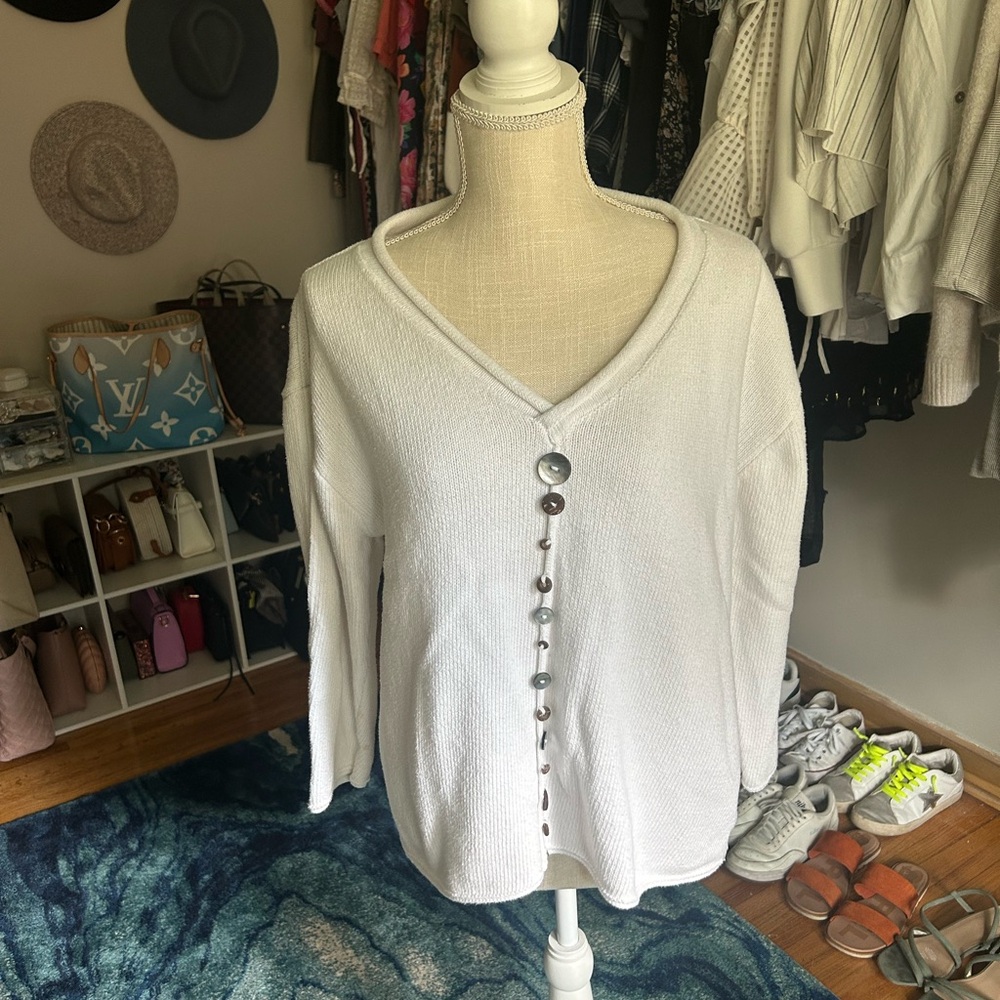 Women's White V-Neck Button Sweater